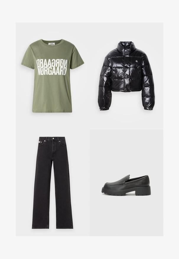 Skraćena crna jakna od puf materijala sa sjajnom završnom obradom, visokim ovratnikom, prednjim patentnim zatvaračem i detaljem s logotipom. Ima ogroman rukav i kviltane dijelove.; Maslinasto zeleni pamučni majica kratkih rukava, sa velikim bijelim preokrenutim tekstom "NØRGAARD" u sredini. Okrugli izrez.; Crne široke traperice od denima, s visokim strukom, pet džepova i metalnim zatvaranjem s kontrastnim šavovima.; Crne kožne loaferice s zaobljenim vrhom, debelim teksturiranim potplatom i minimalnim detaljima šivanja. Elegantna izrada bez vidljivih vezica ili metalnih elemenata.