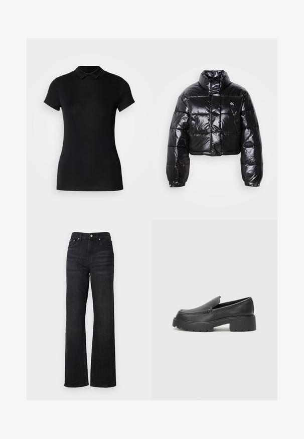 Trumpas juodas pūkinis paltas su blizgiu paviršiumi, aukšta apykakle, priekiniais užtrauktukais ir logotipo detalėmis. Yra plačios rankovės ir siuvinėtos dalys.; Juodas polo marškinėlis, pagamintas iš medvilnės ir sintetinių pluoštų mišinio. Pasirinktinai trumpomis rankovėmis, klasikinio apykaklės dizaino ir lieknas juosmuo. Sklandžiai tekstūra su minimaliais akcentais.; Juodas denimo plačių kojų džinsai su aukštu liemeniu, penkių kišenių dizainu ir sidabro spalvos metalo sagute. Audinys turi lygų paviršių ir šiek tiek tamprumo.; Juodi odiniai loaferiai su apvaliu pirštu, storu tekstūruotu padu ir minimaliu siūlių dekoru. Išskirtinis dizainas be matomų raištelių ar furnitūros.