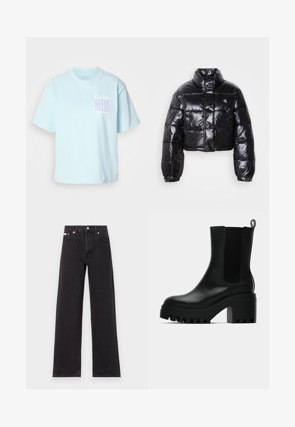 Izgriezta melna pūkainā jaka ar spīdīgu apdari, augstu apkakli, priekšējiem rāvējslēdzējiem un logotipa detaļām. Iezīmējas ar pārspīlētiem piedurknēm un quilted sekcijām.; Gaiši zilas kokvilnas T-krekls ar apaļu kaklu un īsām piedurknēm. Priekšpusē ir grafiskais dizains ar "Calvin Klein" violetā krāsā.; Melni platmalu džinsi, kas izgatavoti no denima, ar augstu vidukli, piecu kabatu dizainu un metāla pogas aizdari ar kontrastējošu šuvumu.; Melna ādas potītes zābaks ar apaļu purngalu, masīvu platformas zoli un sietiņa sānu akcentiem. Iekļauts vilkšanas cilpiņa ērtai uzvilkšanai.