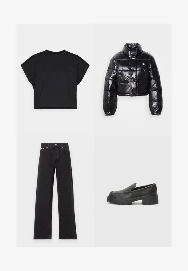Lühendatud must puffer-jakk läikiva viimistlusega, kõrge krae, eeslukuga ja logodetailiga. Omab üleöö suuruseid varrukaid ja tikitud sektsioone.; Must must cropped t-särk, mis on valmistatud pehmest puuvillast, lühikeste varrukatega ja ümmarguse kaelusega. Esiküljel on tagasihoidlik logo.; Mustad laiad mustad teksad, millel on kõrge vöökoht, viie tasku stiil ja metallist nööpkinnitus kontrastsete õmblustega.; Mustad nahast loafers ümarate varvastega, paksu tekstuuriga tald ja minimaalsete õmbluse detailidega. Viimistletud disain, kus pole nähtavaid paelu ega riistu.