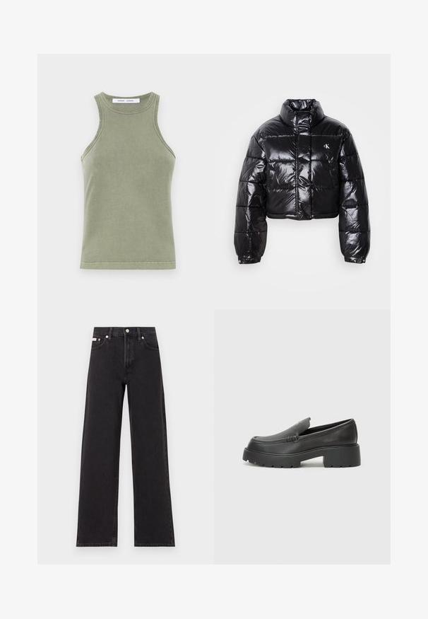 Zkrátená čierna prešívaná bunda s lesklým povrchom, vysokým golierom, predným zipsom a detailom loga. Obsahuje nadrozšírené rukávy a prešívané časti.; Olivovo zelený top bez rukávov vyrobený z mäkkej bavlny, s okrúhlym výstrihom a prešívanými okrajmi. Jednoduchý, priliehavý strih.; Čierne široké džínsy vyrobené z denimu, s vysokým pásom, piatimi vreckami a kovovým zapínaním s kontrastným šitím.; Čierne kožené mokasíny s okrúhlou špičkou, hrubou textúrovanou podrážkou a minimom stehovej výzdoby. Štíhly dizajn bez viditeľných šnúr alebo kovania.