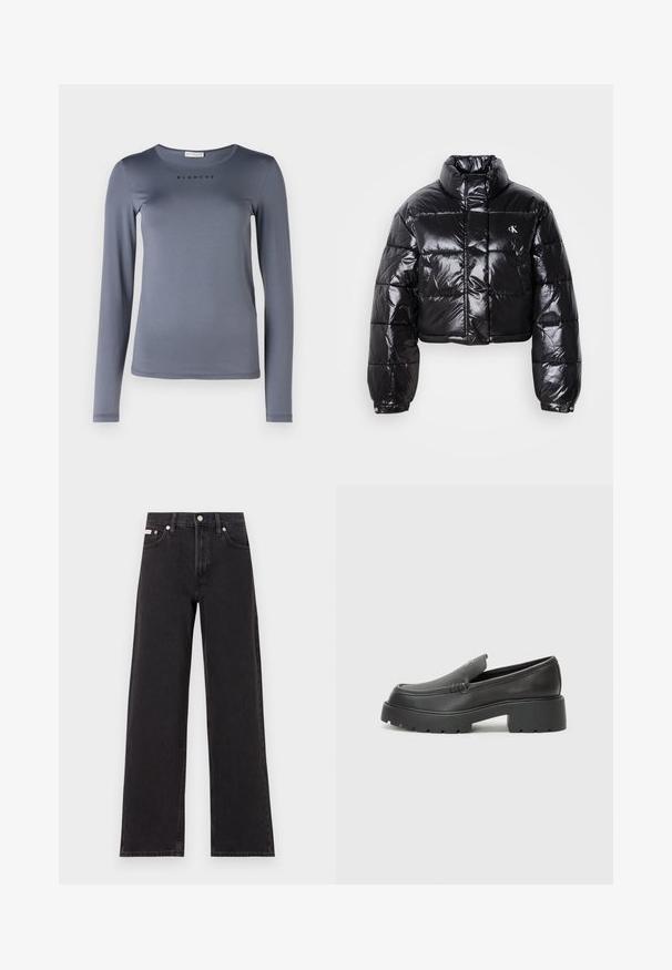 Lühendatud must puffer-jakk läikiva viimistlusega, kõrge krae, eeslukuga ja logodetailiga. Omab üleöö suuruseid varrukaid ja tikitud sektsioone.; Pikkade varrukatega hall särk, valmistatud pehmest materjalist, ümarate kaelustega ja rinnal musta värviga sõna "BLANCHE" trükitud.; Mustad laiad mustad teksad, millel on kõrge vöökoht, viie tasku stiil ja metallist nööpkinnitus kontrastsete õmblustega.; Mustad nahast loafers ümarate varvastega, paksu tekstuuriga tald ja minimaalsete õmbluse detailidega. Viimistletud disain, kus pole nähtavaid paelu ega riistu.