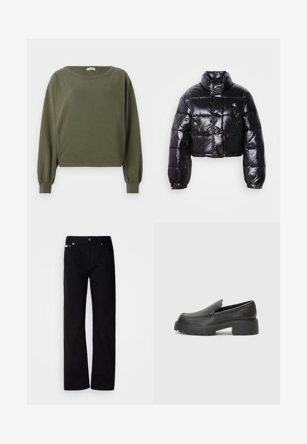 Casaco puffer preto cropped com acabamento brilhante, gola alta, fecho éclair à frente e detalhe de logótipos. Apresenta mangas oversized e secções acolchoadas.; Sweatshirt curto em verde-oliva, confeccionado em algodão macio, com decote redondo e mangas longas ligeiramente bufantes. Punhos canelados nas mangas.; Calças de ganga pretas de perna reta com cinco bolsos, rebites prateados e fecho de botão. O tecido tem um acabamento suave e ligeiramente texturizado.; Mocassins de couro preto com bico arredondado, sola espessa e texturizada, e detalhes de costura minimalistas. Design elegante sem atacadores ou ferragens visíveis.