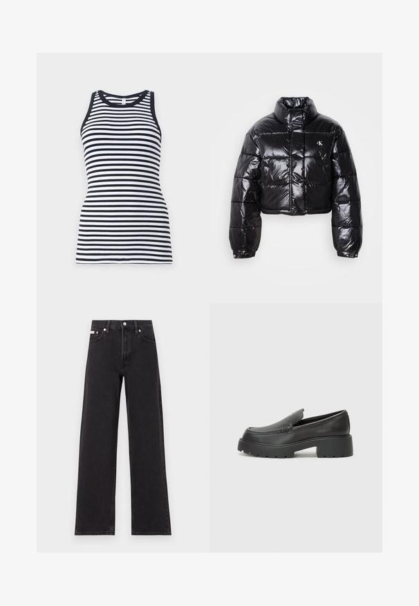 Skraćena crna jakna od puf materijala sa sjajnom završnom obradom, visokim ovratnikom, prednjim patentnim zatvaračem i detaljem s logotipom. Ima ogroman rukav i kviltane dijelove.; Mornarsko plava i bijela prugasta bezrukavna majica s okruglim izrezom i rebrastom teksturom, koja ima prilagođeni dizajn.; Crne široke traperice od denima, s visokim strukom, pet džepova i metalnim zatvaranjem s kontrastnim šavovima.; Crne kožne loaferice s zaobljenim vrhom, debelim teksturiranim potplatom i minimalnim detaljima šivanja. Elegantna izrada bez vidljivih vezica ili metalnih elemenata.