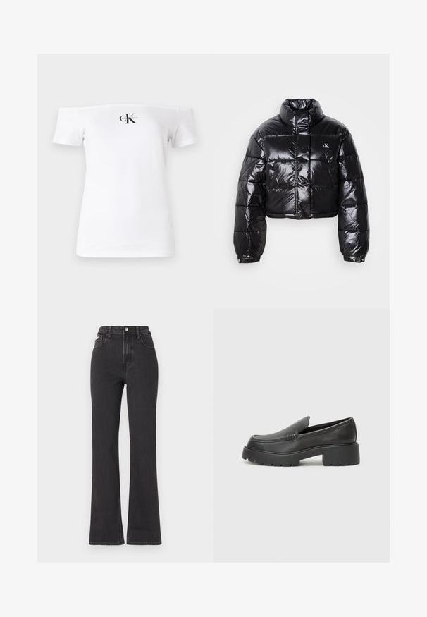 Lyhennetty musta puffatakki, jossa on kiiltävä pinta, korkea kaulus, etuvetoketju ja logoyksityiskohta. Ominaisuuksiin kuuluvat yli-inhottavat hihat ja tikatut osat.; Valkoinen olkapäältä avattu T-paita, lyhyet hihat, puuvillamateriaali, etupuolella musta "CK" -logo ja teksti. Sileä rakenne.; Mustat korkeavartiset leveälahkeiset farkut, jotka on valmistettu denimistä. Varustettu nappikiinnityksellä, vyölenkeillä ja sivutaskuilla. Tasainen rakenne, jossa on minimaalista haalistumista.; Musta nahkakengät, joissa on pyöristetty kärki, paksu teksturoitu pohja ja vähäiset ompeluyksityiskohdat. Tyylikäs muotoilu, jossa ei ole näkyviä nauhoja tai metalliosia.
