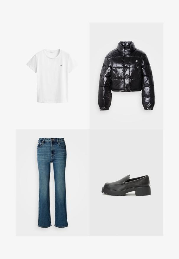 Giacca a vento nera cropped con finitura lucida, colletto alto, zip frontale e dettaglio con logo. Presenta maniche oversized e sezioni trapuntate.; T-shirt bianca in cotone con scollo rotondo e maniche corte. Presenta un piccolo logo ricamato sul petto a sinistra. Tessuto dalla texture liscia.; Jeans a vita alta blu in denim, con un design a gamba dritta, lievi sbiaditure e chiusura con bottone e cerniera standard.; Mocassini in pelle nera con punta arrotondata, suola spessa e testurizzata, e minime cuciture. Design elegante senza lacci o parti metalliche visibili.