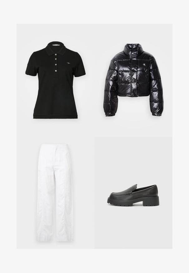 Zkrátená čierna prešívaná bunda s lesklým povrchom, vysokým golierom, predným zipsom a detailom loga. Obsahuje nadrozšírené rukávy a prešívané časti.; Čierna polo košeľa vyrobená z bavlny, s klasickým golierom, zapínaním na päť gombíkov a malým vyšívaným logom na hrudi. Krátke rukávy.; Biele široké nohavice z ľahkej látky, s hladkou textúrou, čistými líniami a vysokým pásom.; Čierne kožené mokasíny s okrúhlou špičkou, hrubou textúrovanou podrážkou a minimom stehovej výzdoby. Štíhly dizajn bez viditeľných šnúr alebo kovania.