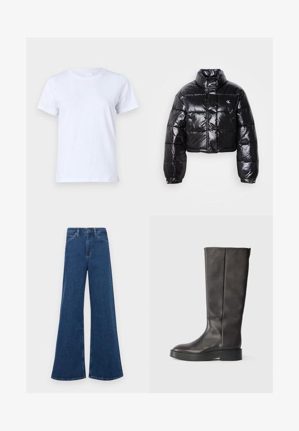 Lühendatud must puffer-jakk läikiva viimistlusega, kõrge krae, eeslukuga ja logodetailiga. Omab üleöö suuruseid varrukaid ja tikitud sektsioone.; Valge puuvillane T-särk, lühikeste varrukatega, klassikalise ümmarguse kaeluse disain, puhas tekstuur ilma mustrite või aktsentidETA, standardne lõige, lihtne ja mitmekülgne.; Sinine denimist laienevad teksad kõrge vöökoha ja viie taskuga, nupuvajutusega kinnituse ning kontrastsete õmblustega õmblustel.; Must muste kõrgusse ulatuv must nahast saapad paksu tallaga ja diskreetse Calvin Kleini logoga ülaääres, nähtud külgedelt.