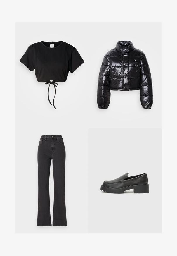Casaco puffer preto cropped com acabamento brilhante, gola alta, fecho éclair à frente e detalhe de logótipos. Apresenta mangas oversized e secções acolchoadas.; Camiseta preta curta feita de tecido suave, com mangas curtas, decote redondo e um detalhe de laço nas costas para ajuste.; Jeans flared pretos de cintura alta feitos de denim, com fecho de botão, passadores para cinto e bolsos laterais. Textura suave com desbotamento mínimo.; Mocassins de couro preto com bico arredondado, sola espessa e texturizada, e detalhes de costura minimalistas. Design elegante sem atacadores ou ferragens visíveis.