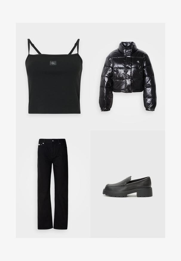 Kort sort vinterjakke med blank finish, høj krave, lynlås foran og logo detalje. Har oversized ærmer og quiltede sektioner.; Sort ribbet crop top med tynde stropper og firkantet halsudskæring. Har et lille logo på forsiden. Fremstillet af en bomuldsblanding, tætsiddende design.; Sorte denim lige ben bukser med fem lommer, sølvnitter og en knaplukning. Stoffet har en glat, let tekstureret overflade.; Sorte læder loafers med rund tå, tyk tekstureret sål og minimale syninger. Elegant design uden synlige snørebånd eller hardware.