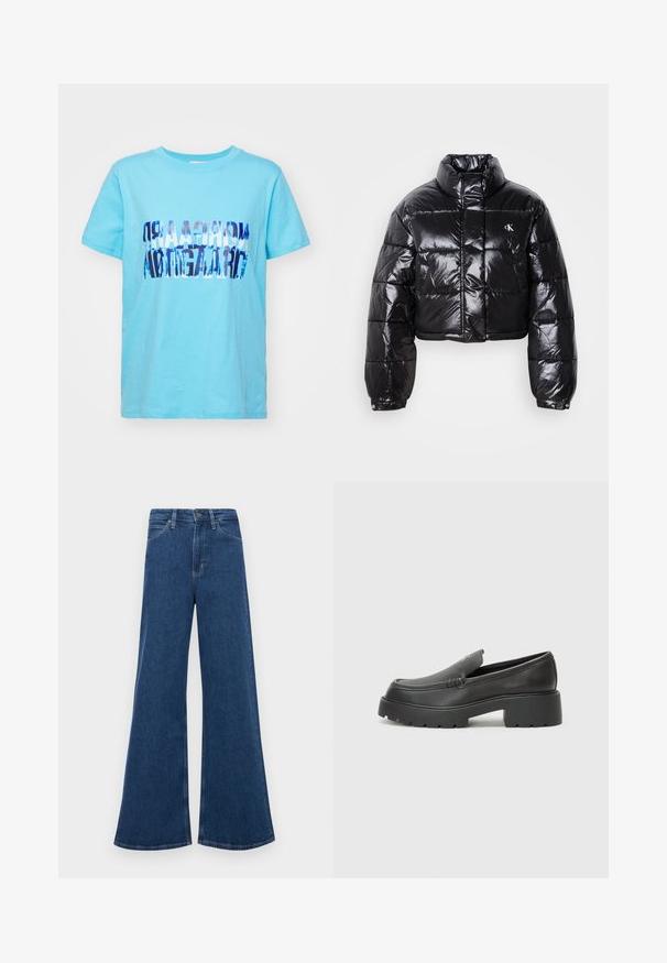 Izgriezta melna pūkainā jaka ar spīdīgu apdari, augstu apkakli, priekšējiem rāvējslēdzējiem un logotipa detaļām. Iezīmējas ar pārspīlētiem piedurknēm un quilted sekcijām.; Gaiši zils kokvilnas T-krekls ar salocītu grafisko dizainu tumši zilā krāsā. Īsas piedurknes un apaļa apkakle. Gluda tekstūra, brīvs piegriezums.; Zilas džinsas flared bikses ar augstu jostasvietu, kas aprīkotas ar piecām kabatām, pogu aizdari un kontrastējošu dūriens uz šuvēm.; Melnas ādas mokasīni ar noapaļotu purngalu, biezs teksturēts zoles un minimālas dūriena detaļas. Gluds dizains bez redzamām auklām vai metāla elementiem.