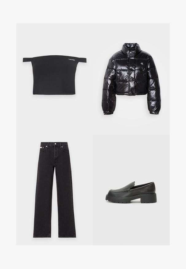 Cropped black puffer jacket with glossy finish, high collar, front zipper, and logo detail. Features oversized sleeves and quilted sections.; Black crop top with off-shoulder design, made from smooth fabric. Features narrow straps and a small white Calvin Klein logo on the front.; Black wide-leg jeans made of denim, featuring a high-rise waist, five-pocket styling, and a metal button closure with contrasting stitching.; Black leather loafers with a rounded toe, thick textured sole, and minimal stitching details. Sleek design with no visible laces or hardware.