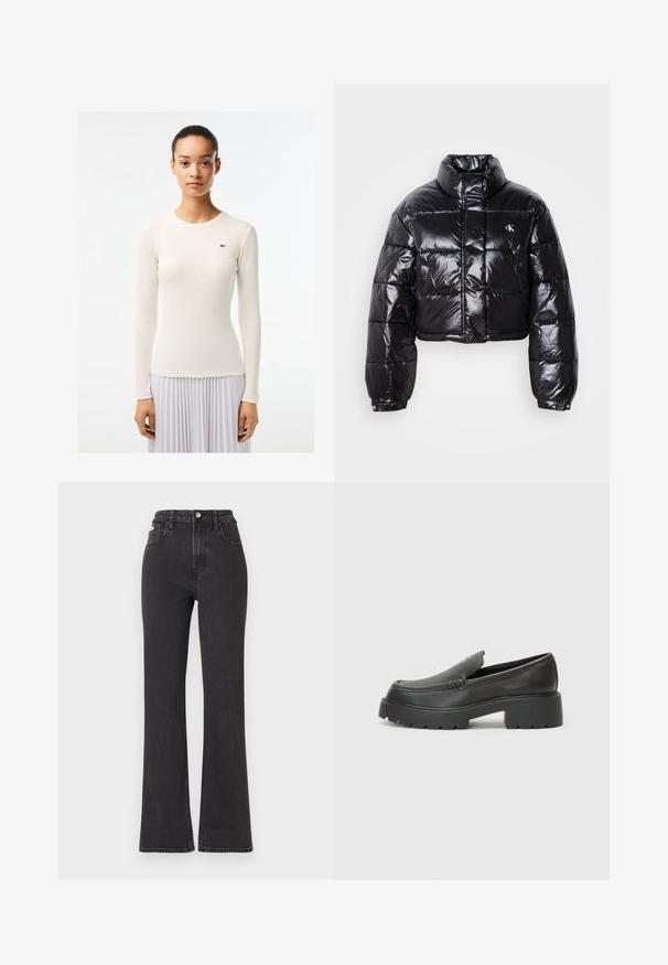 Izgriezta melna pūkainā jaka ar spīdīgu apdari, augstu apkakli, priekšējiem rāvējslēdzējiem un logotipa detaļām. Iezīmējas ar pārspīlētiem piedurknēm un quilted sekcijām.; Balta garām piedurknēm tops ar ribotu tekstūru un apaļu kakla izgriezumu, ar mazu zaļu logo kreisajā pusē. Gluda auduma apdare.; Melnas augstā jostasvietā plati izgrieztas džinsus no denima, ar pogu aizdari, jostas cilpām un sānu kabatām. Gluda tekstūra ar minimālu izbalēšanu.; Melnas ādas mokasīni ar noapaļotu purngalu, biezs teksturēts zoles un minimālas dūriena detaļas. Gluds dizains bez redzamām auklām vai metāla elementiem.