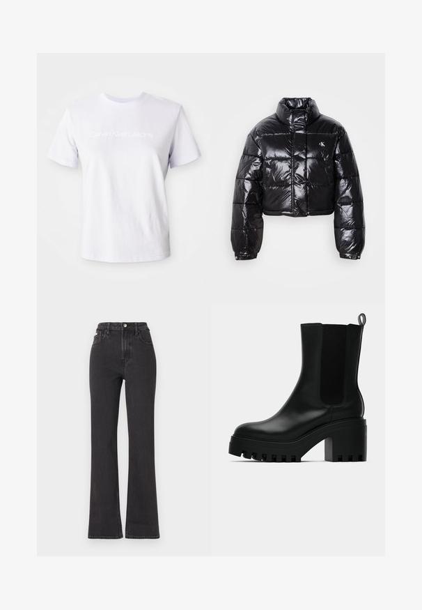 Izgriezta melna pūkainā jaka ar spīdīgu apdari, augstu apkakli, priekšējiem rāvējslēdzējiem un logotipa detaļām. Iezīmējas ar pārspīlētiem piedurknēm un quilted sekcijām.; Balta kokvilnas T-kreklā ar īsām piedurknēm un apaļu kakla izgriezumu. Uz krūšu daļas redzams maigā baltā krāsā "Calvin Klein Jeans" logo.; Melnas augstā jostasvietā plati izgrieztas džinsus no denima, ar pogu aizdari, jostas cilpām un sānu kabatām. Gluda tekstūra ar minimālu izbalēšanu.; Melna ādas potītes zābaks ar apaļu purngalu, masīvu platformas zoli un sietiņa sānu akcentiem. Iekļauts vilkšanas cilpiņa ērtai uzvilkšanai.