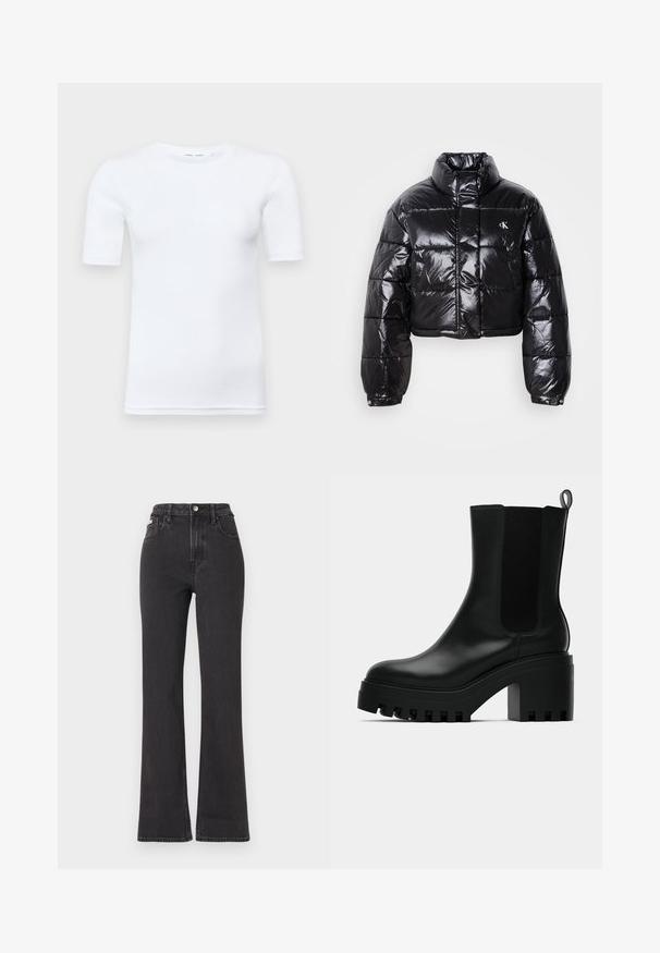 Cropped black puffer jacket with glossy finish, high collar, front zipper, and logo detail. Features oversized sleeves and quilted sections.; White short-sleeve t-shirt made of cotton. Features a round neckline and a smooth texture, with minimal stitching visible at the hem.; Black high-waisted flared jeans made of denim, featuring a button closure, belt loops, and side pockets. Smooth texture with minimal fading.; Black leather ankle boot with round toe, chunky platform sole, and mesh side accents. Features a pull tab for easy wear.