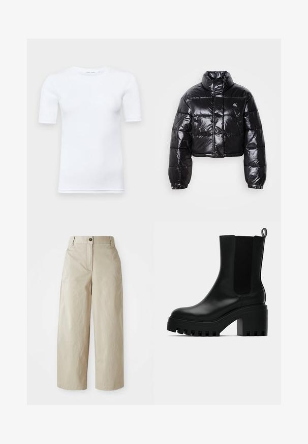 Lühendatud must puffer-jakk läikiva viimistlusega, kõrge krae, eeslukuga ja logodetailiga. Omab üleöö suuruseid varrukaid ja tikitud sektsioone.; Valge lühikeste varrukatega T-särk, mis on valmistatud puuvillast. Omab ümmargust kaelust ja sileda tekstuuri, vähese nähtava õmblusega ääres.; Bežid kõrge vöökohaga laiad püksid nupu ja tõmblukuga, vöölõngadega ja küljetaskutega, esitatud valge tausta ees.; Mustad must jalatsid mustast nahast, ümmarguse varbaga, tükilisest platvormist ja võrgupoolsest aksendist. Omab tõmbeauku mugavaks jalga panemiseks.