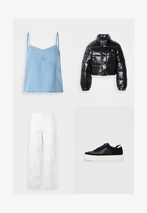 Skrajšana črna pufasta jakna z sijajno površino, visokim ovratnikom, sprednjim zadrgo in detajlom logotipa. Ima prevelike rokave in kviltane dele.; Svetlo modra denimska kamizola z tankimi naramnicami, V-izrezom in geometrijskim šivom. Mehka tekstura in rahlo sproščen kroj.; Bela široka hlače iz lahkega materiala, ki se ponašajo z gladko teksturo, čistimi linijami in visokim pasom.; Črne športne copate z gladko usnjeno in semišnimi paneli, ravnimi vezalkami, zaobljenim nosom in belim gumijastim podplatom. Oznaka na peti.