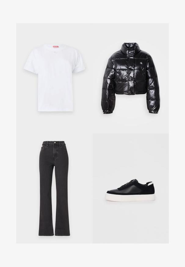 Izgriezta melna pūkainā jaka ar spīdīgu apdari, augstu apkakli, priekšējiem rāvējslēdzējiem un logotipa detaļām. Iezīmējas ar pārspīlētiem piedurknēm un quilted sekcijām.; Balts kokvilnas T-krekls ar īsām piedurknēm, apaļu kakla izgriezumu un mazu logotipu uz krūtīm. Vienkāršs dizains, gluda tekstūra un taisna maliņa.; Melnas augstā jostasvietā plati izgrieztas džinsus no denima, ar pogu aizdari, jostas cilpām un sānu kabatām. Gluda tekstūra ar minimālu izbalēšanu.; Melnas sporta kurpes ar gludu ādu un zamša paneļiem, plakaniem šņorēm, noapaļotu pirkstu daļu un baltu gumijas zolīti. Izteikts logo uz papēža.