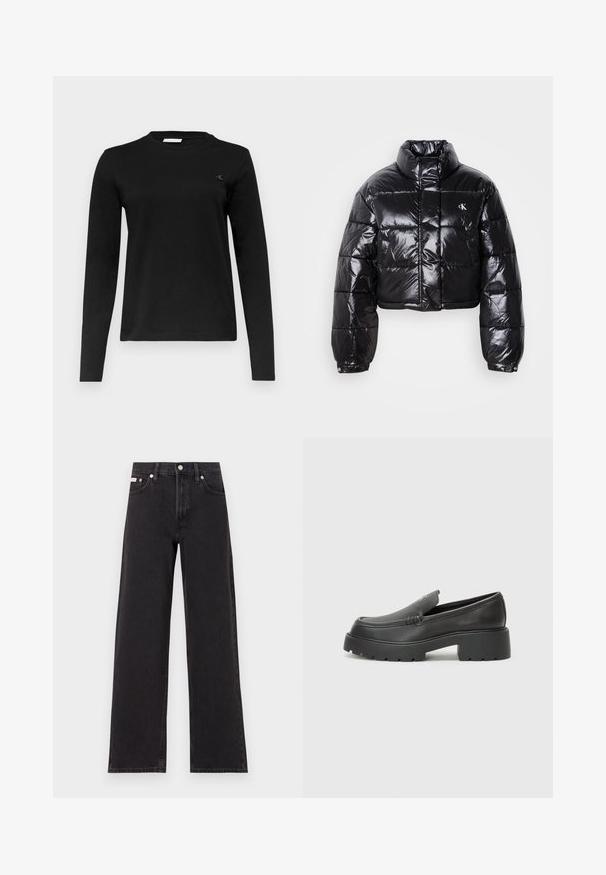 Fekete, fényes felületű, vágott pufi dzseki, magas gallérral, elülső cipzárral és logó részlettel. Tágas ujjakkal és steppelt részekkel rendelkezik.; Fekete, hosszú ujjú pamut póló. Jellemzője egy kerek nyakú kivágás, minimalista dizájn és egy kis logó a mellkason.; Fekete, bőszárú farmernadrág, magas derekú, öt zsebes kialakítással és fém gombos záródással, kontrasztos varrással.; Fekete bőr loafer cipők kerek orral, vastag, texturált talppal és minimális varrási részletekkel. Áramvonalas dizájn, látható fűzők vagy fém részek nélkül.