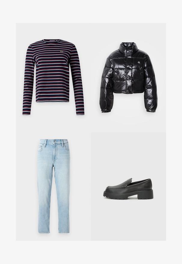 Cropped black puffer jacket with glossy finish, high collar, front zipper, and logo detail. Features oversized sleeves and quilted sections.; Long-sleeve striped shirt featuring navy, white, and red horizontal stripes. Crew neckline with small embroidered logo on the chest.; Light blue denim jeans, straight-leg design, mid-rise waist, with five-pocket styling and a button closure at the front.; Black leather loafers with a rounded toe, thick textured sole, and minimal stitching details. Sleek design with no visible laces or hardware.