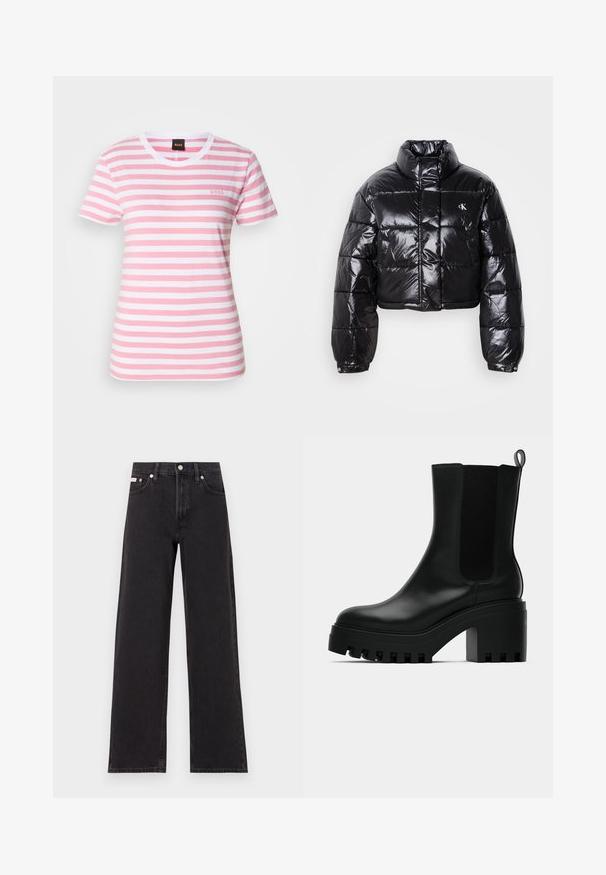 Geknipt zwart pufferjack met glanzende afwerking, hoge kraag, ritssluiting aan de voorkant en logodetail. Beschikt over oversized mouwen en gestikte delen.; Gestreept T-shirt in lichtroze en wit, korte mouwen, ronde hals, gemaakt van katoen, met een subtiele logo op de borst.; Zwarte wijde spijkerbroeken van denim, met een hoge taille, vijf-pocket stijl en een metalen knoopsluiting met contrasterende stiksels.; Zwarte lederen enkelboot met ronde neus, chunky plateauzool en mesh zijaccenten. Voorzien van een trekband voor gemakkelijk aan- en uittrekken.