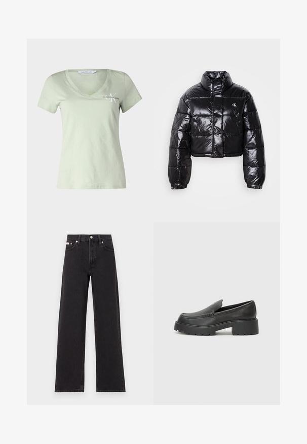 Cropped black puffer jacket with glossy finish, high collar, front zipper, and logo detail. Features oversized sleeves and quilted sections.; Light green v-neck t-shirt made of soft cotton. Features short sleeves and a small white Calvin Klein Jeans logo on the chest.; Black wide-leg jeans made of denim, featuring a high-rise waist, five-pocket styling, and a metal button closure with contrasting stitching.; Black leather loafers with a rounded toe, thick textured sole, and minimal stitching details. Sleek design with no visible laces or hardware.