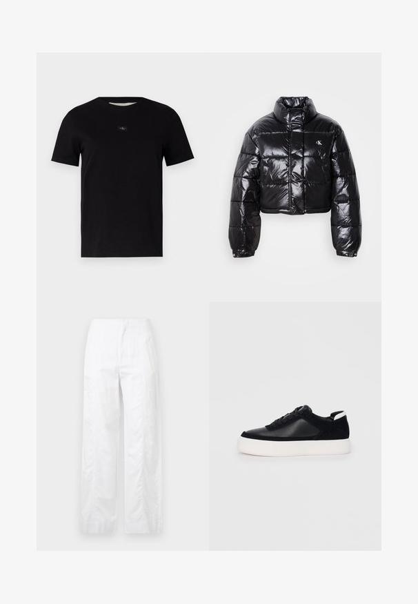 Lühendatud must puffer-jakk läikiva viimistlusega, kõrge krae, eeslukuga ja logodetailiga. Omab üleöö suuruseid varrukaid ja tikitud sektsioone.; Must mustaga T-särk ümmarguse kaelusega ja lühikeste varrukatega. Rinnal on väike tume logotempel. Sile tekstuur.; Valged laiad püksid, mis on valmistatud kergetest materjalidest, omades siledat tekstuuri, puhtaid jooni ja kõrget vöökohta.; Mustad mustad spordijalanõud siledast nahast ja sametist paneelidega, lame nööriga, ümar varvas ja valge kummist tallaga. Erakordne logo kontsas.