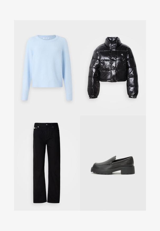 Lühendatud must puffer-jakk läikiva viimistlusega, kõrge krae, eeslukuga ja logodetailiga. Omab üleöö suuruseid varrukaid ja tikitud sektsioone.; Hele sinine kampsun pehmest kangast, millel on ümar kaelus, pikad raglaanvarrukad ning soonikuga pitsid ja hem, mis tagavad mugava istuvuse.; Mustad teksased sirge jala ja viie taskuga, hõbedaste neetide ja nupu sulgemisega. Kanga pind on sile, kerge tekstuuriga.; Mustad nahast loafers ümarate varvastega, paksu tekstuuriga tald ja minimaalsete õmbluse detailidega. Viimistletud disain, kus pole nähtavaid paelu ega riistu.