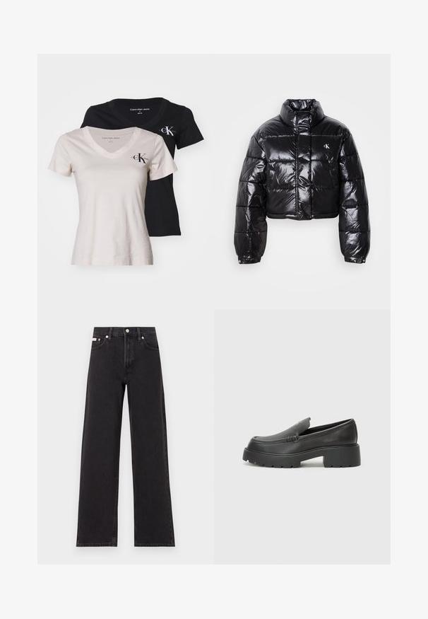 Skrajšana črna pufasta jakna z sijajno površino, visokim ovratnikom, sprednjim zadrgo in detajlom logotipa. Ima prevelike rokave in kviltane dele.; Dve v neck majice s kratkimi rokavi: ena bež, ena črna. Obe imata majhen logotip "CK" na prsih; narejene so iz gladkega bombažnega materiala.; Črne široke jeans hlače iz denima, s poudarjenim pasom, petimi žepi in kovinskim gumbom za zapiranje ter kontrastnim šivanjem.; Črne usnjene loafers čevlje z zaobljenim nosom, debelim teksturiranim podplatom in minimalnimi šivi. Elegantna zasnova brez vidnih vezalk ali kovinskih delov.