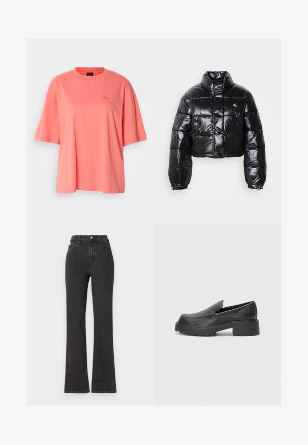 Kort sort vinterjakke med blank finish, høj krave, lynlås foran og logo detalje. Har oversized ærmer og quiltede sektioner.; Korallenfarvet oversized t-shirt lavet af blød bomuld, med en rund halsudskæring og korte ærmer, samt et subtilt broderet logo på brystet.; Sorte højtaljede flagrende jeans lavet af denim, med knaplukning, bæltestropper og sidelommer. Glat tekstur med minimal falming.; Sorte læder loafers med rund tå, tyk tekstureret sål og minimale syninger. Elegant design uden synlige snørebånd eller hardware.
