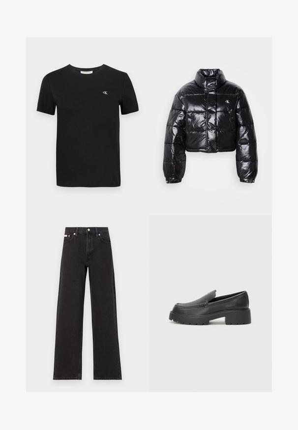 Giacca a vento nera cropped con finitura lucida, colletto alto, zip frontale e dettaglio con logo. Presenta maniche oversized e sezioni trapuntate.; T-shirt in cotone nero con collo rotondo classico, maniche corte e un piccolo logo bianco ricamato "ck" sul petto.; Jeans neri a gamba larga in denim, con vita alta, styling a cinque tasche e chiusura con bottone metallico e cuciture a contrasto.; Mocassini in pelle nera con punta arrotondata, suola spessa e testurizzata, e minime cuciture. Design elegante senza lacci o parti metalliche visibili.