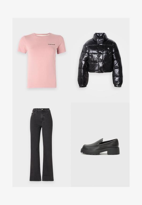Casaco puffer preto cropped com acabamento brilhante, gola alta, fecho éclair à frente e detalhe de logótipos. Apresenta mangas oversized e secções acolchoadas.; T-shirt rosa de manga curta, feito de algodão, com um decote redondo e um pequeno logótipo preto "Guess Jeans" na área do peito esquerdo.; Jeans flared pretos de cintura alta feitos de denim, com fecho de botão, passadores para cinto e bolsos laterais. Textura suave com desbotamento mínimo.; Mocassins de couro preto com bico arredondado, sola espessa e texturizada, e detalhes de costura minimalistas. Design elegante sem atacadores ou ferragens visíveis.