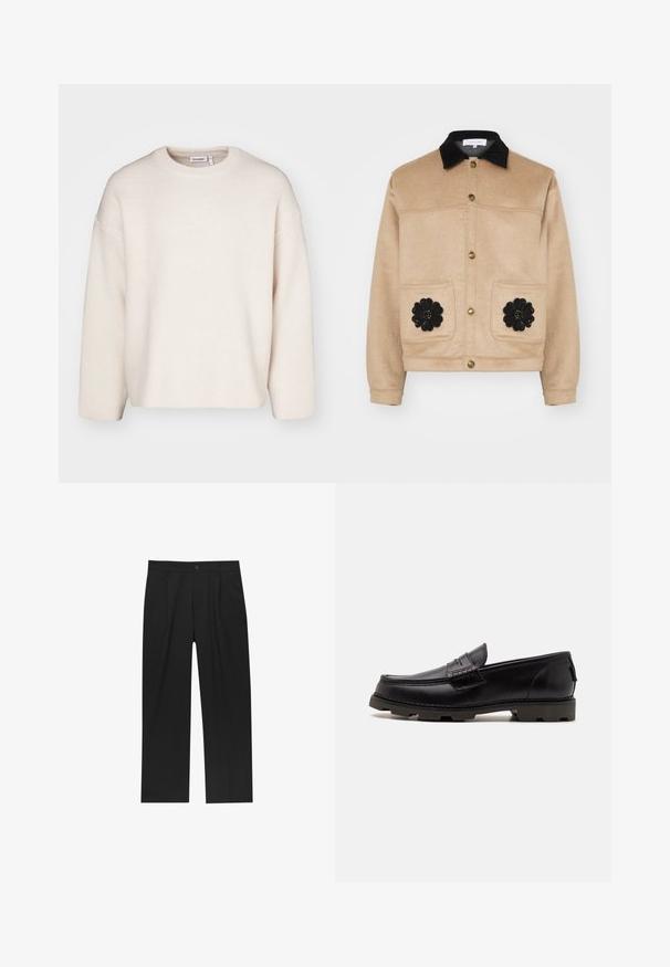 Beige krátká bunda vyrobená z měkké látky, s černým semišovým límcem, zlatými patentkami a dvěma předními kapsami s černými květinovými aplikacemi.; Krémový pletený svetr s texturou, kulatým výstřihem, spadlými rameny a dlouhými rukávy. Jednoduchý design bez ozdob.; Černé kalhoty s rovnými nohavicemi, vyrobené z hladké tkaniny. Mají přední záhyby a jedno knoflíkové zapínání v pase.; Černé kožené mokasíny s kulatou špičkou, dekorativním prošíváním a texturovanou podrážkou pro lepší přilnavost. Mírně zvýšený podpatek.