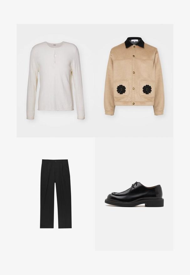 Beige cropped jacket made of soft fabric, featuring a black suede collar, gold snap buttons, and two front pockets with black floral appliqués.; Long-sleeve, cream-colored henley shirt made of soft fabric, featuring a round neckline, three buttons at the front, and a straight hem.; Black pants with a straight-leg design, made from a smooth fabric. Features front pleats and a single button closure at the waist.; Black leather shoe with a rounded toe, stitched detailing, minimal laces, and a thick rubber sole for traction and durability.