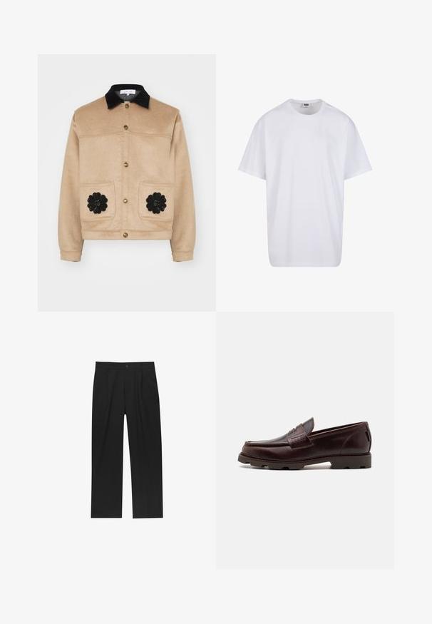 Beige kurz geschnittene Jacke aus weichem Stoff, mit einem Kragen aus schwarzem Wildleder, goldenen Druckknöpfen und zwei vorderen Taschen mit schwarzen Blumen-Applikationen.; Weiße Baumwoll-T-Shirt mit kurzen Ärmeln, rundem Ausschnitt, lockerer Passform und ohne sichtbare Logos oder Muster. Glatte Textur und minimalistisches Design.; Schwarze Hose mit geradem Schnitt, aus einem glatten Stoff gefertigt. Verfügt über Vorderfalten und einen einzelnen Knopfverschluss an der Taille.; Brauner Lederloafer mit einem Mokassinstil-Obermaterial, strukturierten Nähdetails und einer robusten Sohle mit multidirektionalen Profilen.