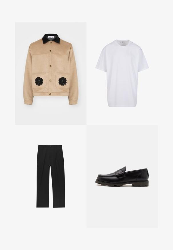 Beige cropped jack gemaakt van zachte stof, met een zwarte suède kraag, gouden drukknopen en twee voorzakken met zwarte bloemenapplicaties.; Witte katoenen t-shirt met korte mouwen, ronde hals, relaxte pasvorm en zonder zichtbare logo's of patronen. Gladde textuur en minimalistisch ontwerp.; Zwarte broeken met een recht model, gemaakt van een gladde stof. Voorzien van een voorplooien en een enkele knoopsluiting bij de taille.; Zwarte leren instappers met een ronde neuspunt, decoratieve stiksels en een gestructureerde zool voor grip. Licht verhoogde hak.