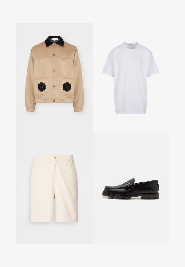 Beige lyhyt takki, joka on valmistettu pehmeästä kankaasta, jossa on musta mokkanahkakaulus, kultaiset napit ja kaksi etutaskua mustilla kukkakuvioilla.; Valkoinen puuvillainen t-paita, jossa on lyhyet hihat, pyöreä kaula-aukko, rento istuvuus ja ei näkyviä logoja tai kuvioita. Sileä pinta ja minimaalinen muotoilu.; Les Deux JOHNNY CASUAL - Shortsit - ivory; Musta nahka loaferit pyöreällä varpaalla, koristeompeleilla ja teksturoidulla pohjalla pitoa varten. Hiukan kohotettu kanta.