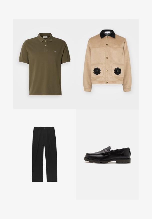 Beige cropped jack gemaakt van zachte stof, met een zwarte suède kraag, gouden drukknopen en twee voorzakken met zwarte bloemenapplicaties.; Olijfgroene polo shirt van katoen, met een klassieke kraag, een placket met twee knopen en een klein geborduurd logo op de borst.; Zwarte broeken met een recht model, gemaakt van een gladde stof. Voorzien van een voorplooien en een enkele knoopsluiting bij de taille.; Zwarte leren instappers met een ronde neuspunt, decoratieve stiksels en een gestructureerde zool voor grip. Licht verhoogde hak.