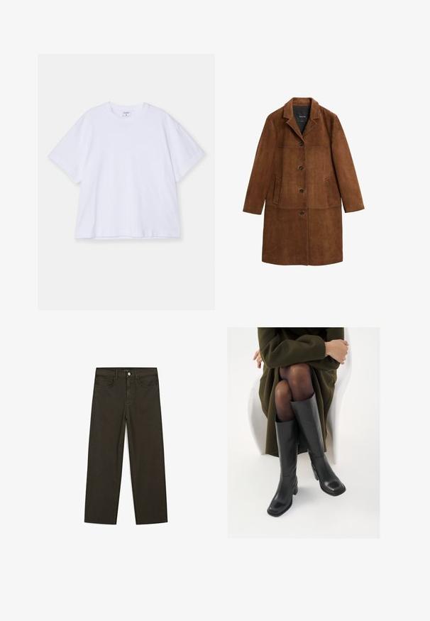 Bruine suède jas met een reverskraag, knopen aan de voorkant en twee zijzakken. De textuur is glad met een matte afwerking.; Wit kort mouwen t-shirt van katoen. Heeft een ronde hals, relaxte pasvorm en een soepele textuur. Eenvoudig ontwerp zonder patronen of accenten.; Donkergroene wijde jeans van een katoenmix, met een sluiting met een voorste knop, vijf zakken en klassieke denimstiksels.; Knieschijf hoge zwarte leren laarzen met een vierkante neus en blokhak, getoond met een model dat zit in een olijfgroene jas. Gladde textuur, minimale details.