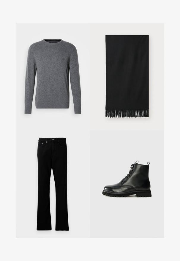 Olivově zelená nepromokavá parka se zipem vpředu, nastavitelnou kapucí a měkkou fleecovou podšívkou. Obsahuje suché zipové pásky na rukávech a boční kapsy.; Šedý pletený svetr s kulatým výstřihem a dlouhými rukávy. Má manžetu a lem s ribbed vzorem, hladkou texturu a malé logo na hrudi.; Černé džíny s rovnou siluetou, pěti kapsami, kovovým zapínáním a jemnými prošitými detaily. Hladká textura a jednotná barva.; Černá kožená kotníková obuv s kulatou špičkou, šněrováním vpředu a texturovanou gumovou podrážkou. Obsahuje poutko na patě a kontrastní švy.; Černý šátek s třásněmi na koncích; vyrobený z měkkého materiálu a má hladký povrch. Obdélníkový tvar, vhodný pro různé stylingové možnosti.