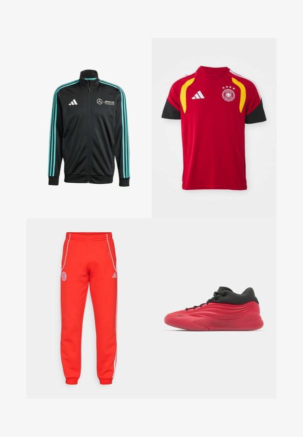 Black zip-up jacket made from smooth fabric, featuring light blue stripes on shoulders and sleeves, with logos on the chest and sleeve.; Red German national soccer jersey with black sleeves, yellow shoulder accents, Adidas logo, and team crest with four stars on chest.; Red sweatpants with elastic waistband, white side stripes, and logo details on hip and lower leg. Made of soft fabric with ribbed cuffs.; Red athletic shoes with a textured design, featuring a black upper, smooth rubber sole, and laces. Notable horizontal stripes on the sides.