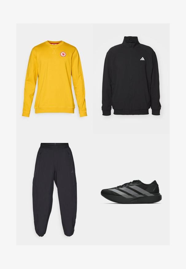 Crna vanjska jakna izrađena od lagane tkanine, s visokim ovratnikom, zatvaranjem na zip, elastičnim manžetama i bijelim logom s lijeve strane.; Žuti dukserica od mekog materijala, s okruglim izrezom, dugim rukavima i kružnom oznakom na prsima.; Crne sportske hlače s elastičnim pojasom, bočnim džepovima sa zatvaračem, suženim nogavicama i suptilnim logom na desnom bedru.; Crne atletske tenisice s laganim dizajnom, koje imaju tri istaknute sive pruge, glatku teksturu i oblikovanu pogodnu potplat.