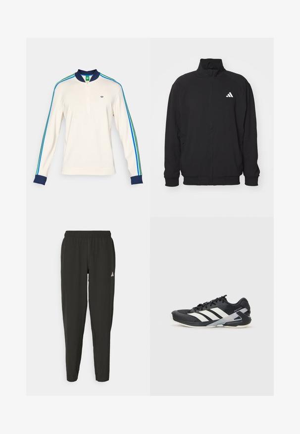 Černá vnější bunda vyrobená z lehkého materiálu, s vysokým límcem, zipovým zapínáním, elastickými manžetami a bílým logem na levé straně.; Krémová mikina na zip s námořnickým límcem, zeleným štítkem a vertikálními pruhy v modré, zelené a černé barvě podél rukávů. Materiál je směs bavlny.; Černé sportovní kalhoty s elastickým pasem, úzkým střihem a bílým logem na levé noze. Hladká, lehká tkanina.; Černá sportovní obuv s bílými pruhy, síťovaným svrškem, zaoblenou špičkou a polstrovanou podrážkou. Obsahuje texturovanou patu a bezpečný systém šněrování.
