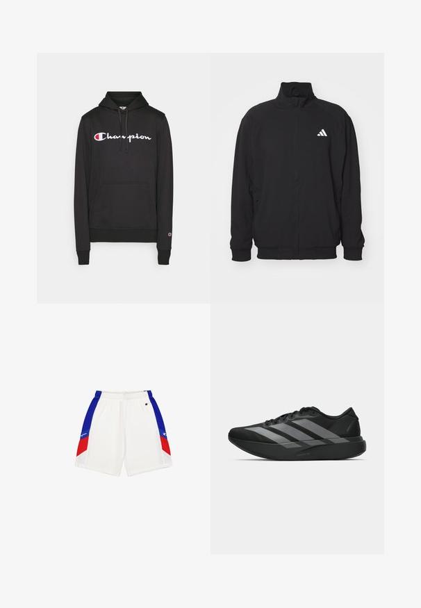 Czarna zewnętrzna kurtka wykonana z lekkiego materiału, z wysokim kołnierzem, zapięciem na zamek, elastycznymi mankietami oraz białym logo po lewej stronie.; Czarna bluza z kapturem z mieszanki bawełny, z centralnym logo Champion w białym i czerwonym kolorze oraz przednią kieszenią typu kangaroo.; Białe szorty sportowe z niebieskimi i czerwonymi paskami po bokach, elastycznym pasem i małym logo z przodu po lewej stronie. Miękki, lekki materiał.; Czarne buty sportowe o lekkiej konstrukcji, z trzema wyraźnymi szarymi paskami, gładką fakturą i wyprofilowaną podeszwą.