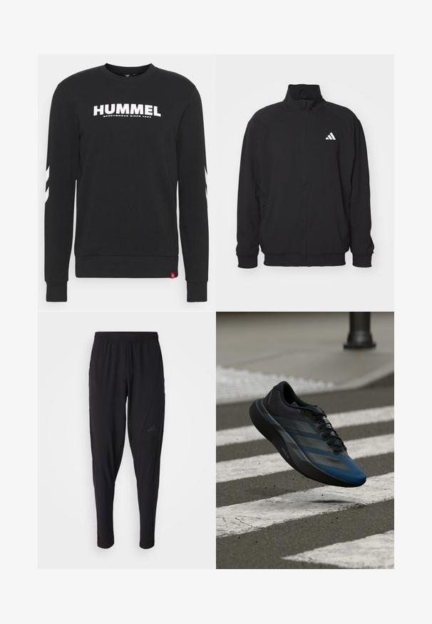 Black outer jacket made of lightweight fabric, featuring a high collar, zip closure, elastic cuffs, and a white logo on the left side.; Black crewneck sweatshirt featuring white "HUMMEL" text and logo, with stripe accents on sleeves and ribbed cuffs and hem.; Black athletic pants with an elastic waistband, tapered design, side pockets, and subtle logo detail. Made from flexible, breathable fabric.; Black and blue athletic shoe with a streamlined design, featuring a textured upper, contrasting stripes, and a cushioned sole, hovering over pavement.