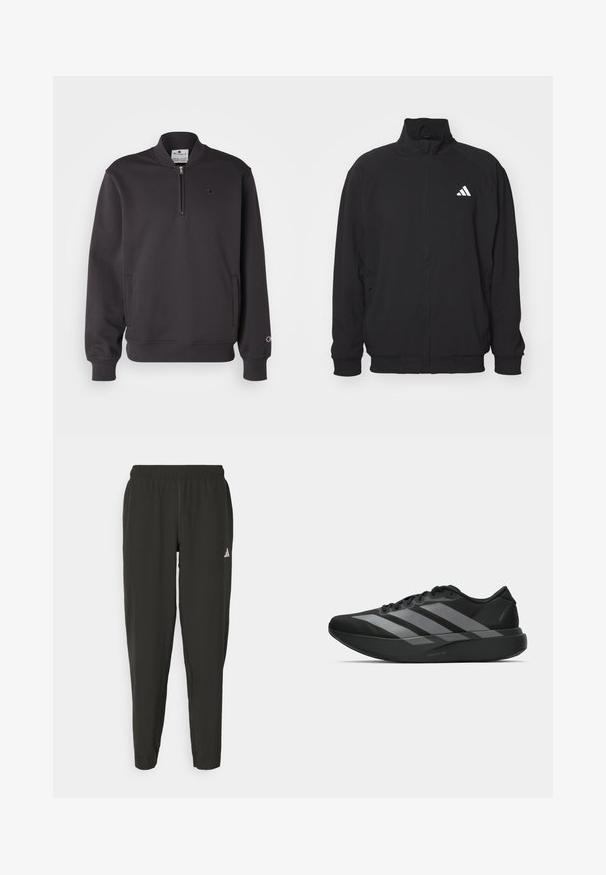 Zwarte buitenjack gemaakt van lichtgewicht stof, met een hoge kraag, ritssluiting, elastische manchetten en een wit logo aan de linkerkant.; Zwarte sweatshirt van een katoenmix, met een halve rits kraag, twee zijzakken, geribde manchetten en een klein logo op de borst.; Zwarte sportbroek met een elastische tailleband, slim fit en een wit logo op het linkerbeen. Soepele, lichte stof.; Zwarte sportieve schoenen met een lichtgewicht ontwerp, voorzien van drie opvallende grijze strepen, een gladde textuur en een gevormde zool.