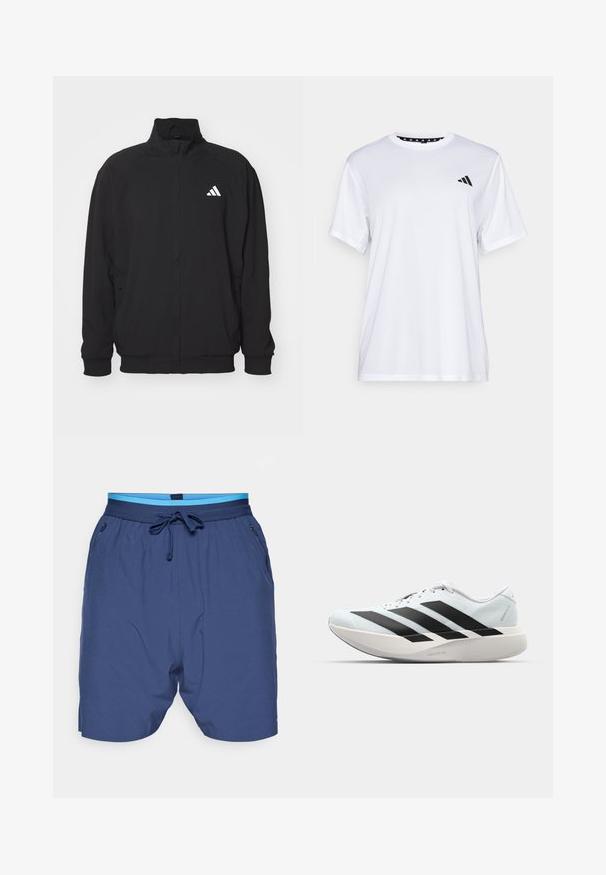 Fekete, könnyű anyagból készült külsődzseki, magas gallérral, cipzáros záródással, rugalmas mandzsettákkal és fehér logóval a bal oldalon.; Fehér sportpóló rövid ujjal, nedvességelvezető anyagból készült. A bal mellrészen fekete logó található, és a nyak belső része mintás.; Navy kék rövidnadrág rugalmas derékkal, világoskék díszítéssel és oldalsó zsebekkel. Simább, könnyű anyagból készült.; Világoskék, fekete csíkos könnyű futószerek. Simább felső résszel, kerek orral és vastag fehér középtalppal, amelyen a "LIGHTSTRIKE PRO" felirat olvasható.