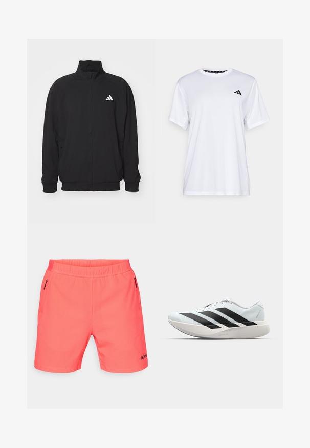 Casaco exterior preto feito de tecido leve, com colarinho alto, fecho de correr, punhos elásticos e um logo branco do lado esquerdo.; Camiseta atlética branca de mangas curtas, feita de tecido que absorve a humidade. Apresenta um logótipo preto no lado esquerdo do peito e um decote interior com padrão.; Calções atléticos cor de coral com uma cintura elástica, dois bolsos laterais com fecho, tecido texturizado e o logótipo "BORG" em preto na bainha.; Tênis de corrida leves em azul pálido com riscas pretas. Apresentam um cabedal liso, bico redondo e uma entressola espessa branca rotulada como "LIGHTSTRIKE PRO."