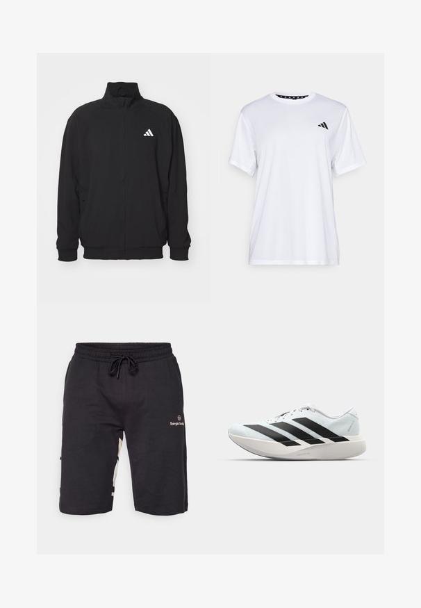 Svart ytterjacka i lätt material, med hög krage, dragkedjestängning, elastiska ärmslut och en vit logotyp på vänster sida.; Vit sporttopp med kort ärm, tillverkad av fukttransporterande tyg. Har en svart logotyp på vänster bröst och ett mönstrat inre halsringning.; Svarta träningsshorts med elastisk midja, justerbar dragsko och guldlogga på vänster sida. Har sidopaneler som accent.; Lätta löparskor i ljusblått med svarta ränder. Har en slät ovandel, rund tå och tjock vit mellansula märkt "LIGHTSTRIKE PRO."