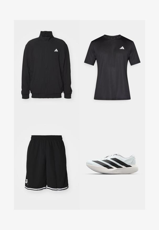 Μαύρο εξωτερικό μπουφάν από ελαφρύ ύφασμα, διαθέτει υψηλό γιακά, κλείσιμο με φερμουάρ, ελαστικές μανσέτες και λευκό λογότυπο στην αριστερή πλευρά.; Μαύρο αθλητικό μπλουζάκι από ελαφρύ ύφασμα διχτυού, με κοντά μανίκια και λευκό λογότυπο στο αριστερό μέρος του στήθους.; Μαύρα αθλητικά σορτς φτιαγμένα από υφαντό ύφασμα. Διαθέτουν ελαστική μέση και λευκές ρίγες κατά μήκος του στριφώματος. Το λογότυπο είναι εμφανές από την πλευρά.; Ελαφριά αθλητικά παπούτσια τρεξίματος σε ανοιχτό μπλε με μαύρες ρίγες. Διαθέτουν λείο άνω μέρος, στρογγυλή μύτη και παχύ λευκό ενδιάμεσο πέλμα που φέρει την ετικέτα "LIGHTSTRIKE PRO."